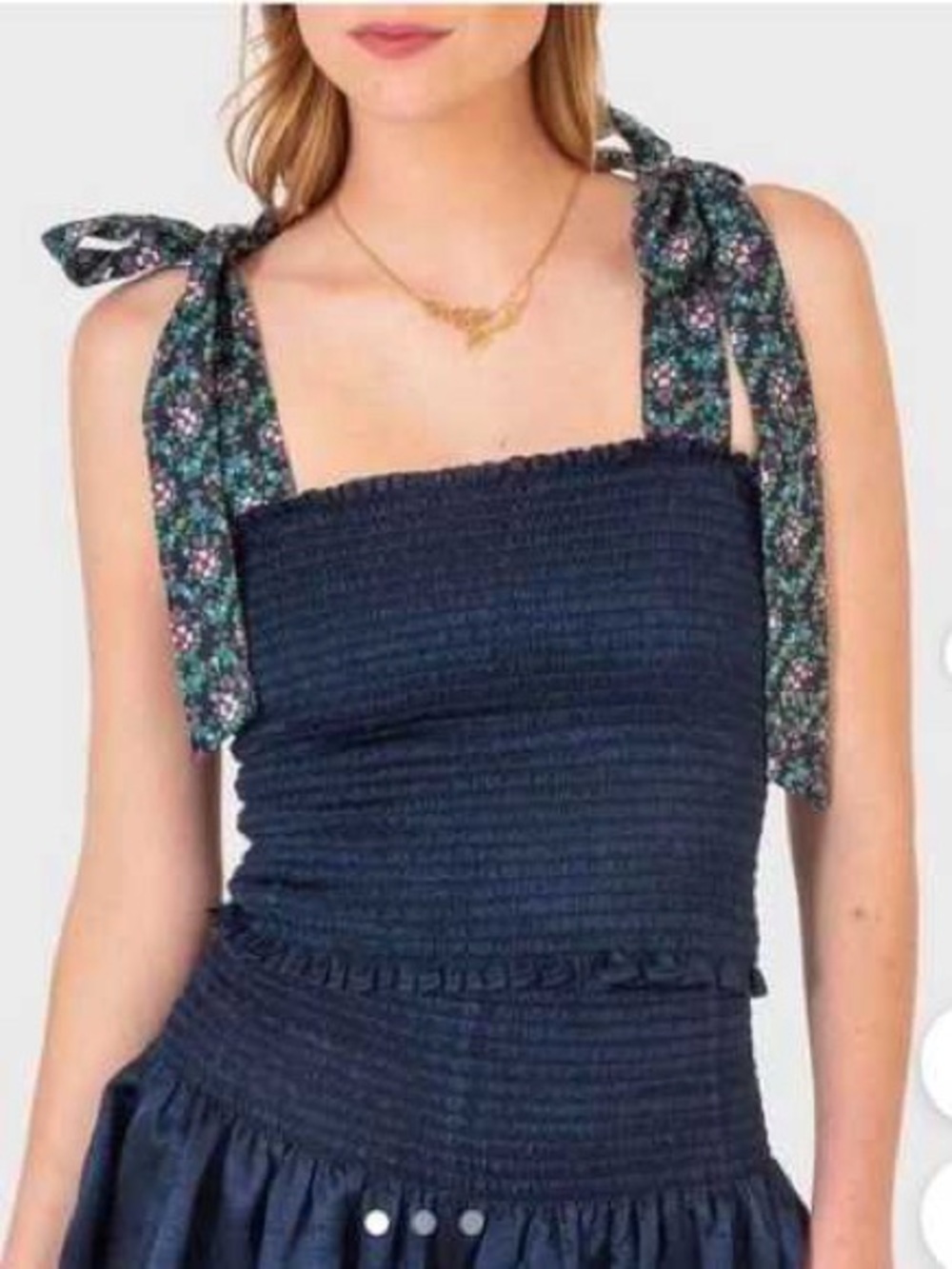 KOCH Cece Smocked Cropped Top Navy Blue w/ Floral Tie Straps - Size S